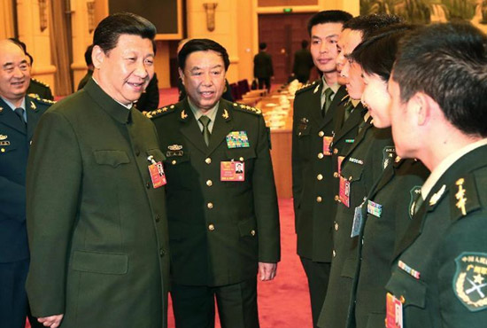 中共中央總書記、中共中央軍委主席習近平出席十二屆全國人大一次會議解放軍代表團全體會議并發(fā)表重要講話。