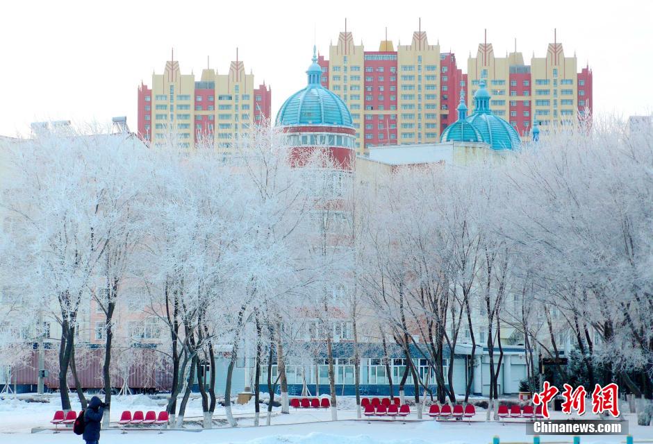 12月10日,受降溫天氣影響,黑河市黑龍江江畔出現(xiàn)綿延數(shù)公里的霧凇景觀。