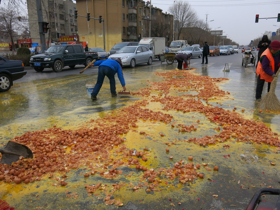 萬(wàn)枚雞蛋撒馬路 路人幫撿未哄搶 萬(wàn)枚雞蛋撒馬路 路人幫撿未哄搶