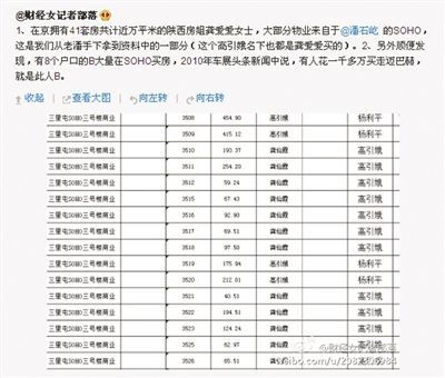 網(wǎng)友“財(cái)經(jīng)女記者部落”微博稱(chēng)，“房姐”多處房產(chǎn)購(gòu)自潘石屹的SOHO中國(guó)。網(wǎng)絡(luò)截圖