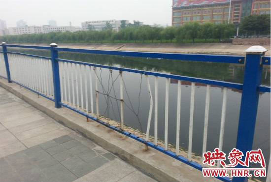 公園內(nèi)多個(gè)護(hù)欄中間的鋼筋條不翼而飛，僅僅是用幾根細(xì)細(xì)鐵絲纏住。