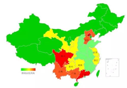 端午期間省域擁堵情況。來(lái)源：交通部聯(lián)合其他機(jī)構(gòu)發(fā)布的《2018年端午全國(guó)公路網(wǎng)出行預(yù)測(cè)報(bào)告》。