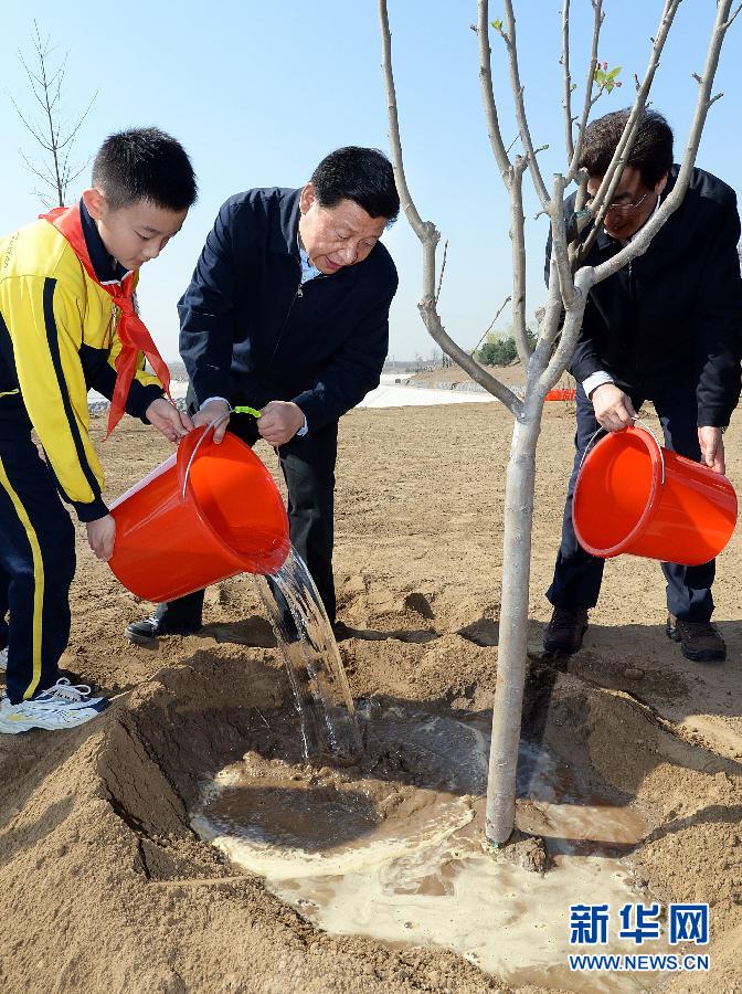 這是習(xí)近平同大家一起給剛栽下的樹苗澆水。