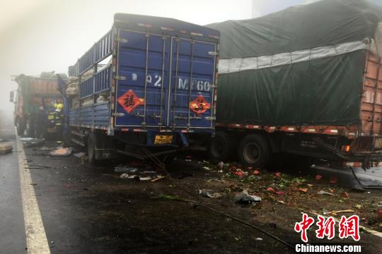 圖為21日，蘭南高速河南段車禍事故現(xiàn)場一片狼藉?！」啤z