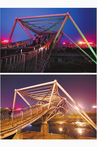 花園路西側(cè)東風(fēng)渠景觀橋，上圖攝于7月31日晚間，下圖攝于10月9日晚間。