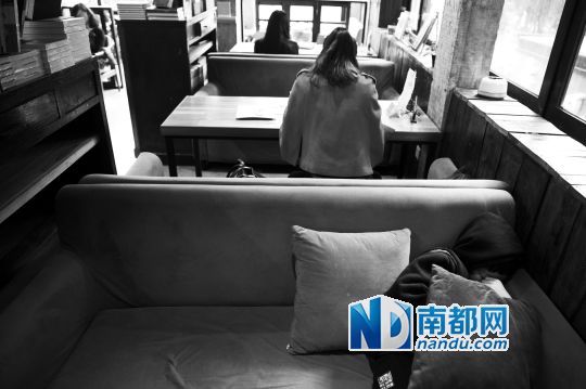12月12日上午，不打烊書店里，12歲的楊東吃完午飯后抱著抱枕蜷在沙發(fā)里睡覺(jué)。